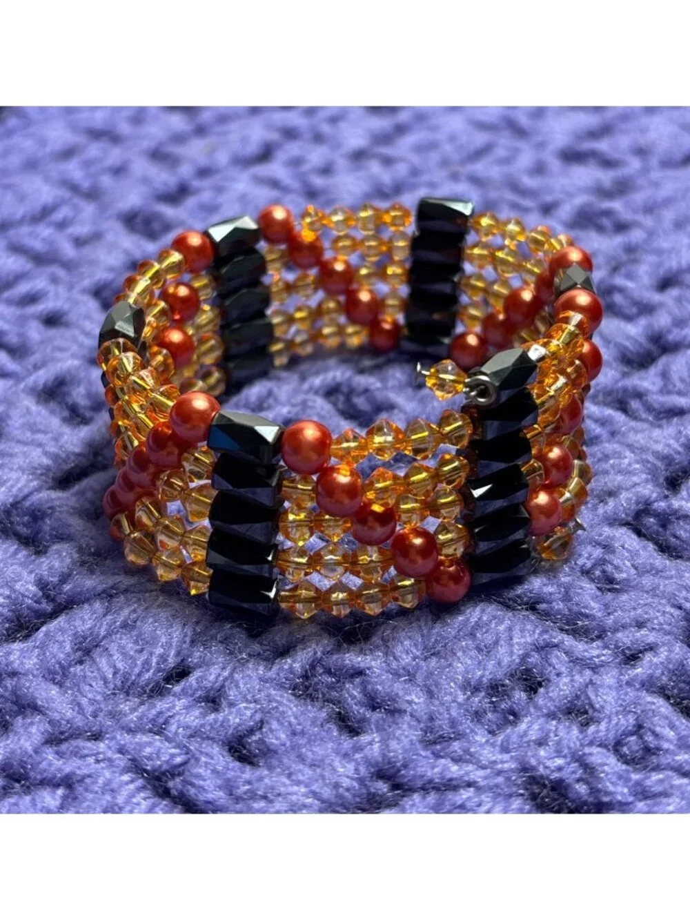 Orange Glass Faux Pearl Magnetic Hematite Beaded Necklace / Bracelet 37 inches